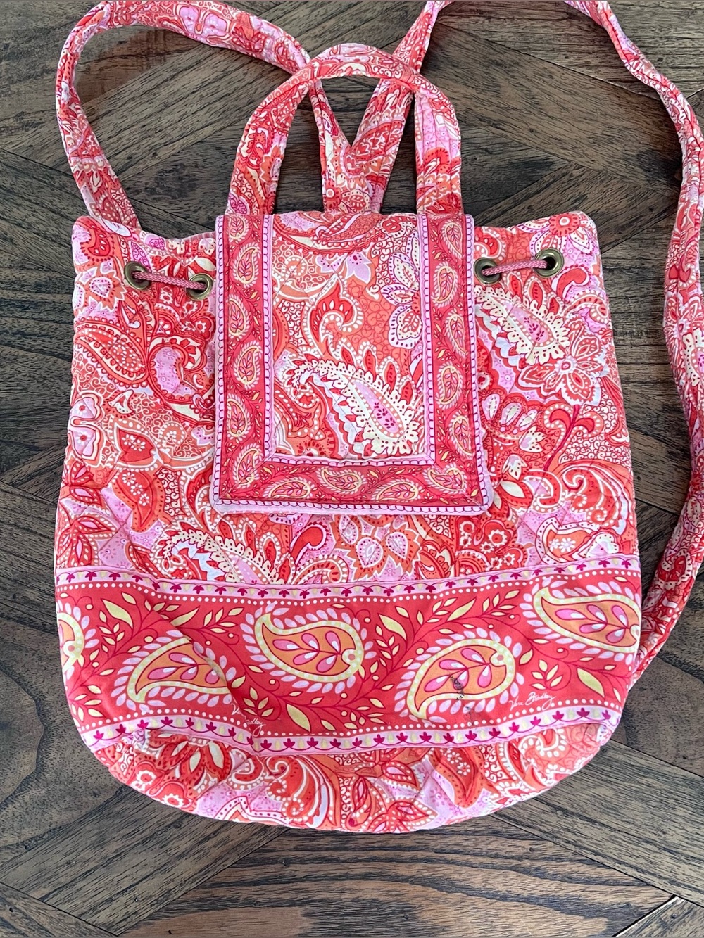 Vera Bradley Original Drawstring Backpack,  Sherbet Pink & Orange Paisley
